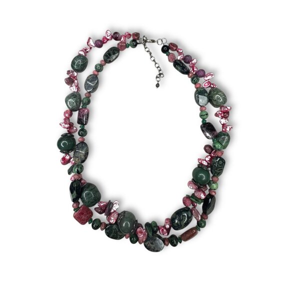 Sterling Silver Multi Gemstone Necklace Emerald Ruby Jasper Pearl 18 Inch - Picture 1 of 7